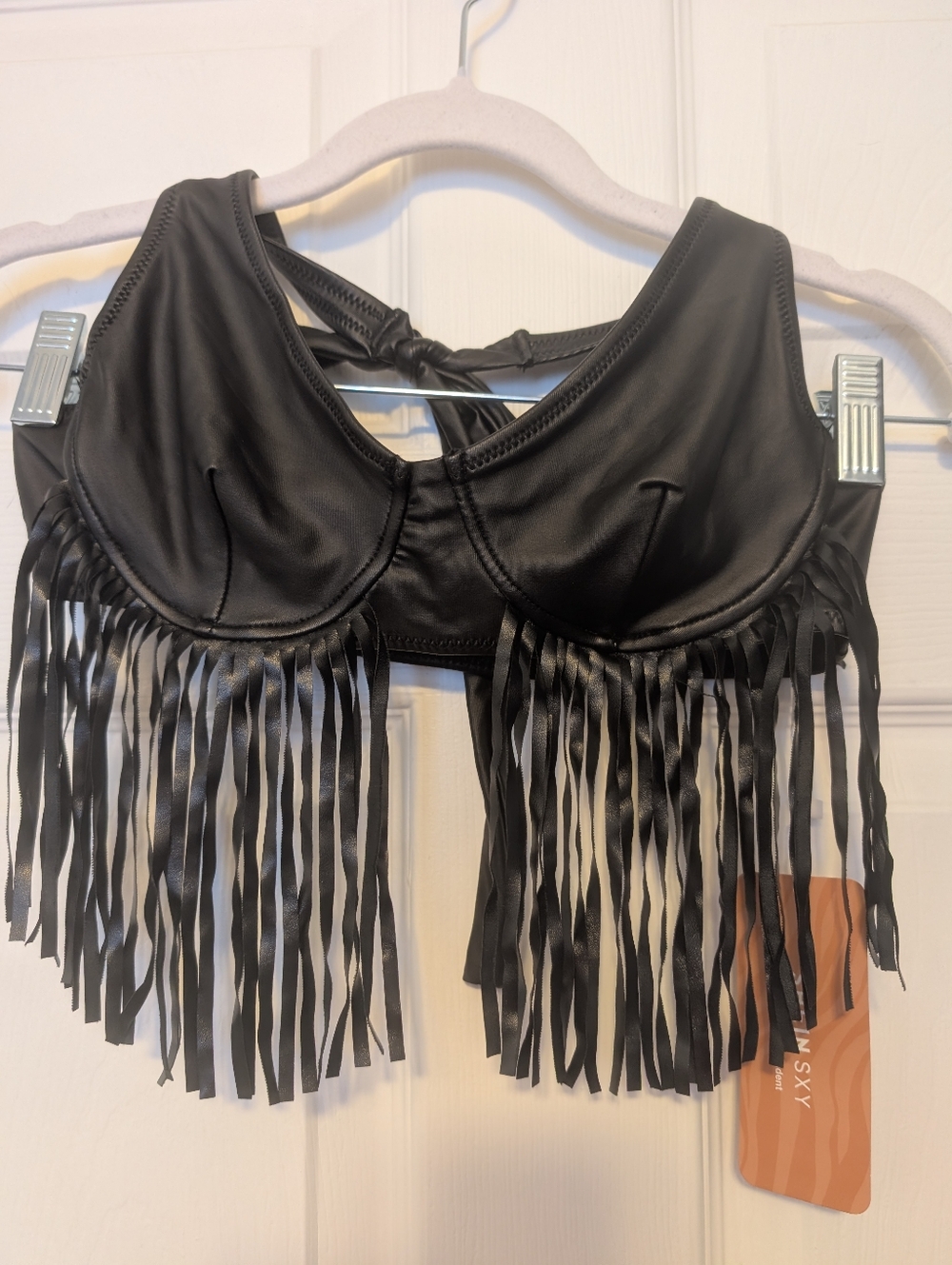 Fringe Accent Black Faux Leather Bralette By Shein Sky